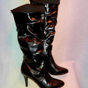 FIONI BLACK HEEL BOOTS * KNEE HIGH * SIZE 7.5 * 3 IN HEEL * ZIPPER SIDES *